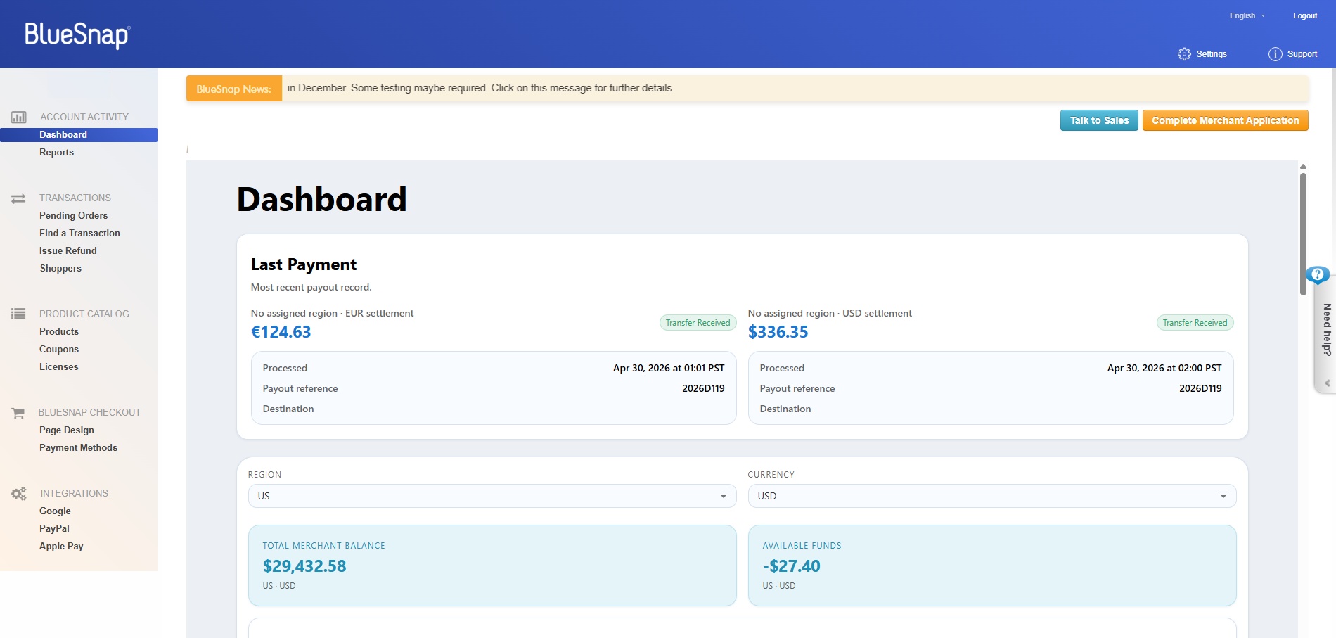 BlueSnap Merchant Portal dashboard showing payment reporting and account navigation