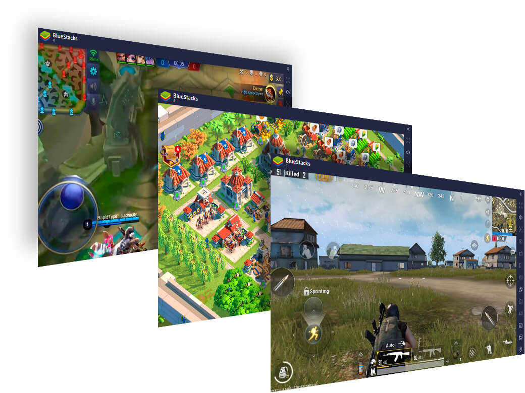 BlueStacks illustration showing several Android game windows on one desktop
