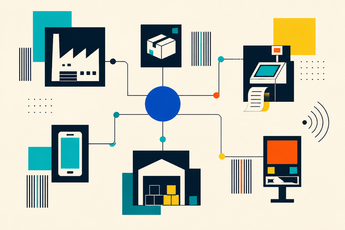 Abstract Swiss-style network connecting a factory, package, payment terminal, mobile device, warehouse and display