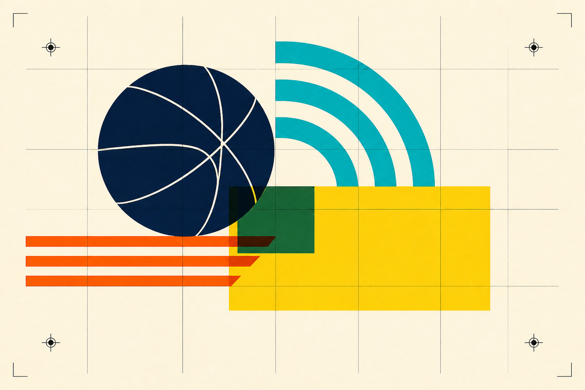 Abstract Swiss-style composition of a ball, broadcast waves and geometric blocks