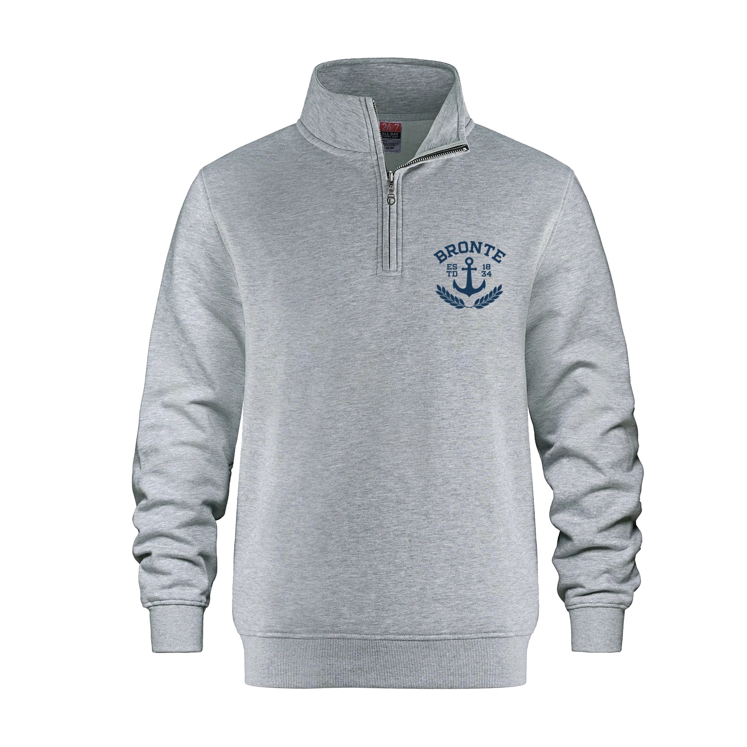 Grey quarter-zip sweatshirt with Bronte crest, presented in the studio’s online collection