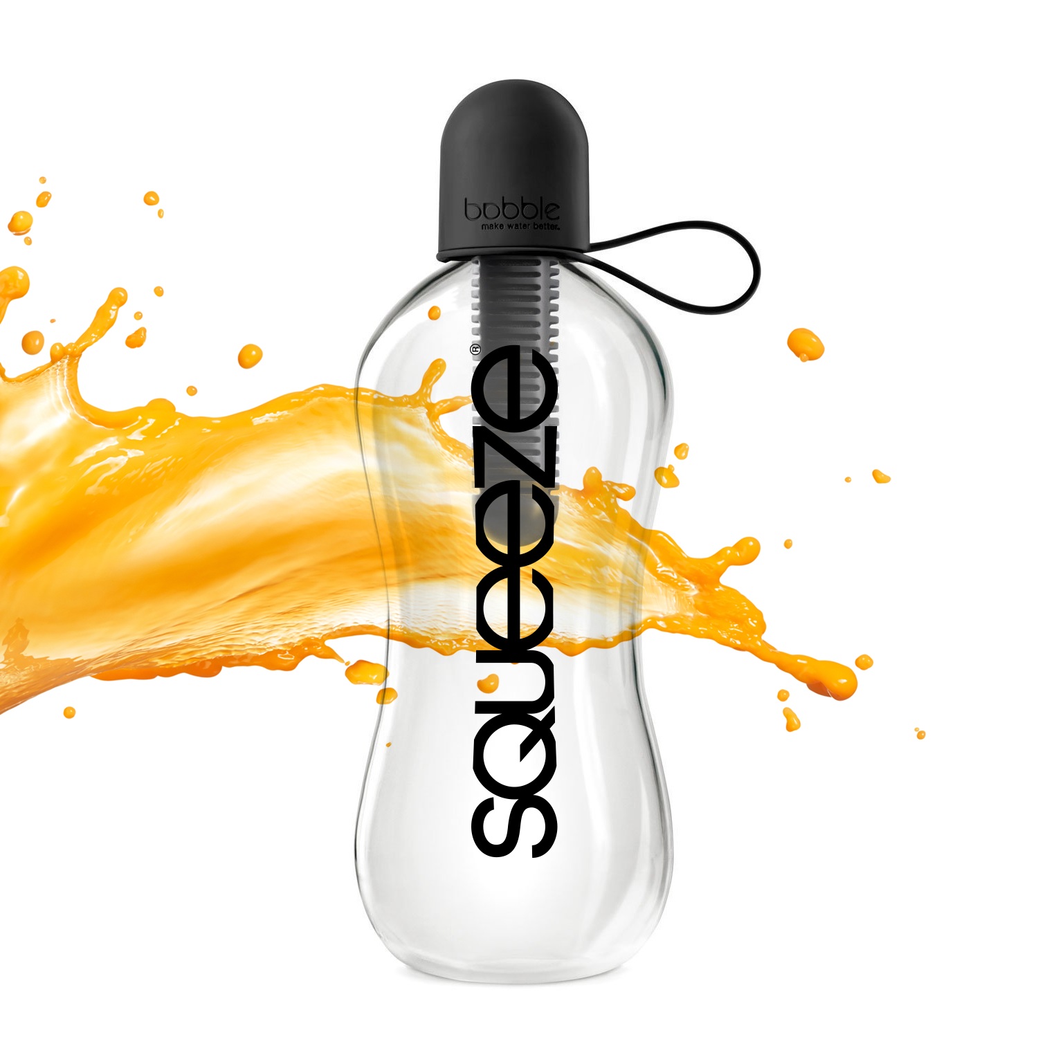 Squeeze wordmark running vertically down a clear bottle in an orange-splash portfolio mockup