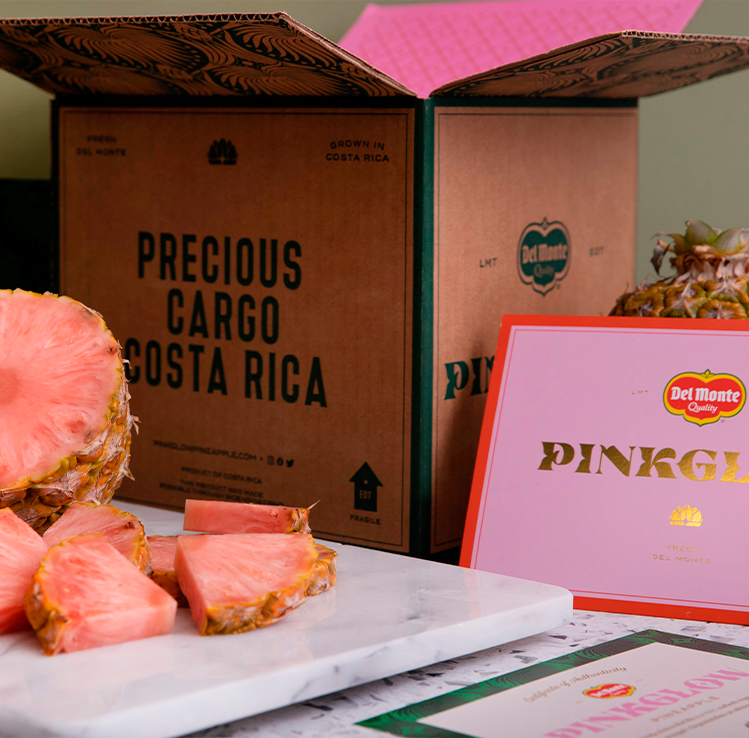 Fresh Del Monte Pinkglow pineapple slices and pink launch packaging