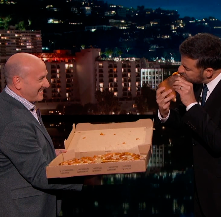 Villa Italian Kitchen executive offers pumpkin-spice pizza to Jimmy Kimmel on television