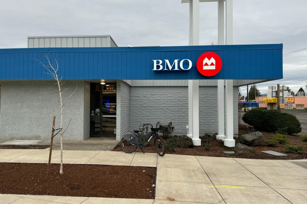 A street-level BMO bank branch with blue signage