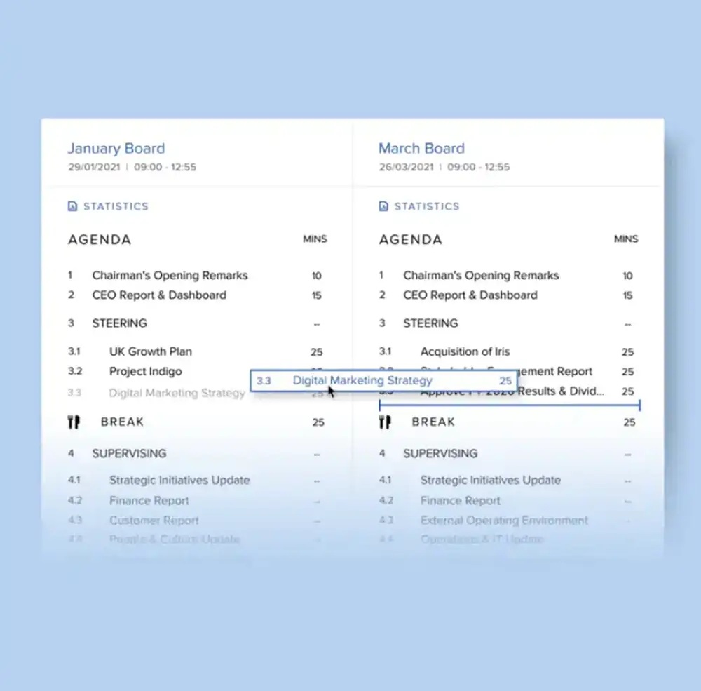 Board Intelligence Agenda Planner interface showing its calendar and planning views