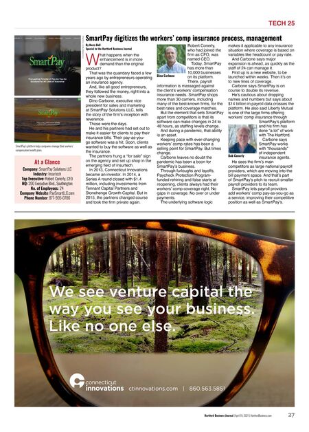 A printed business profile about SmartPay with portraits of its executives, including Bob Conerly at lower right