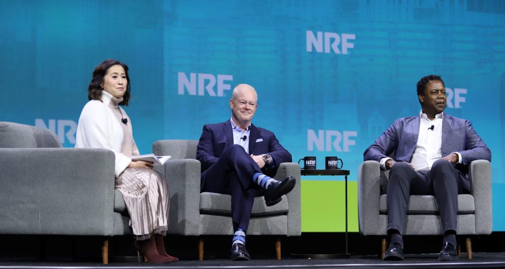 Hope King, Bob Eddy and Anton Vincent seated onstage at NRF 2024