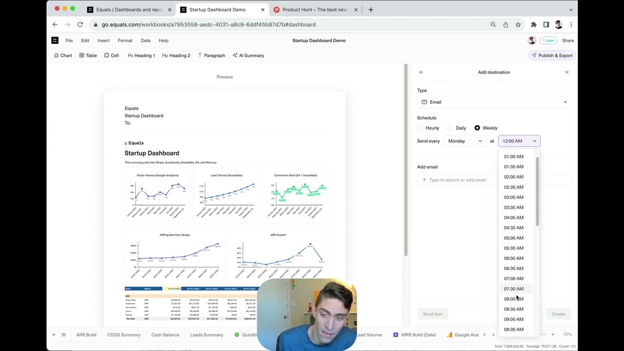 Bobby Pinero appears on camera while demonstrating an Equals dashboard and its scheduled email delivery settings