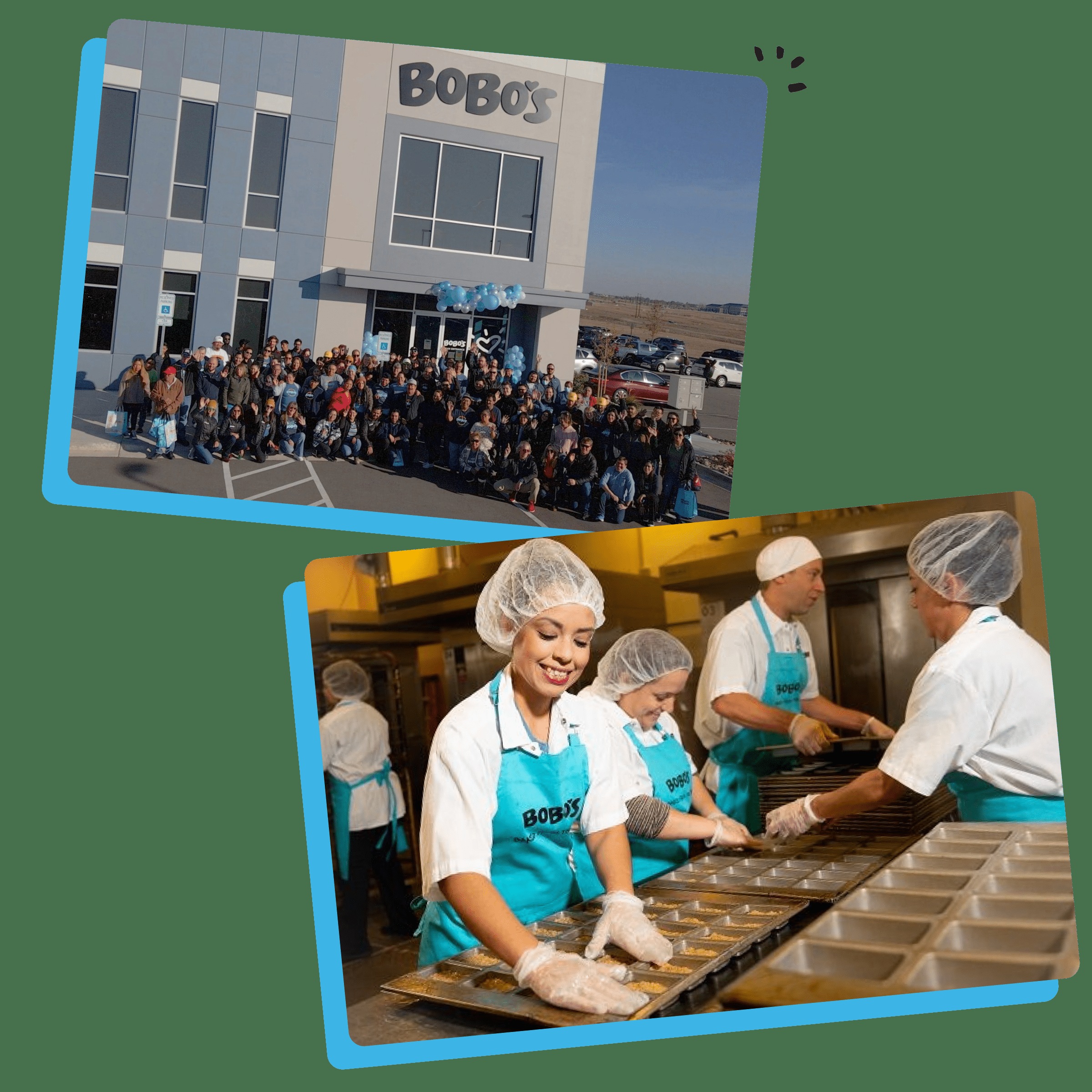 A company photograph combining the Bobo’s team outside its facility and employees preparing snacks