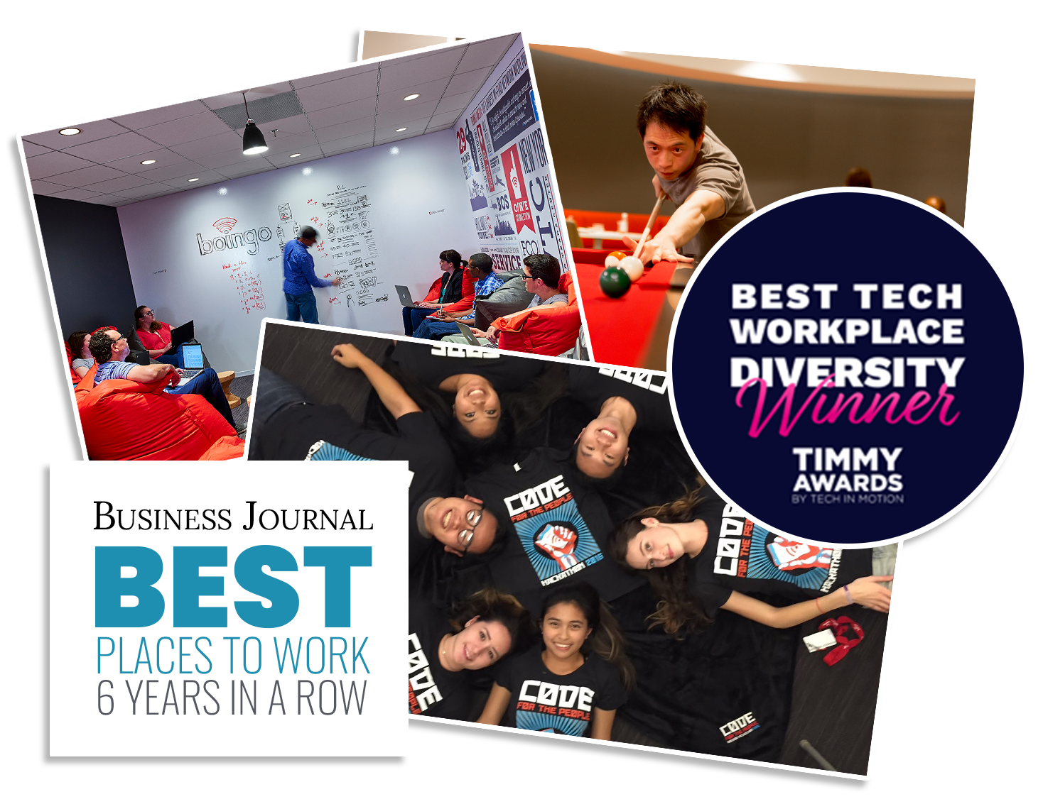 A collage of Boingo employees collaborating and celebrating workplace awards