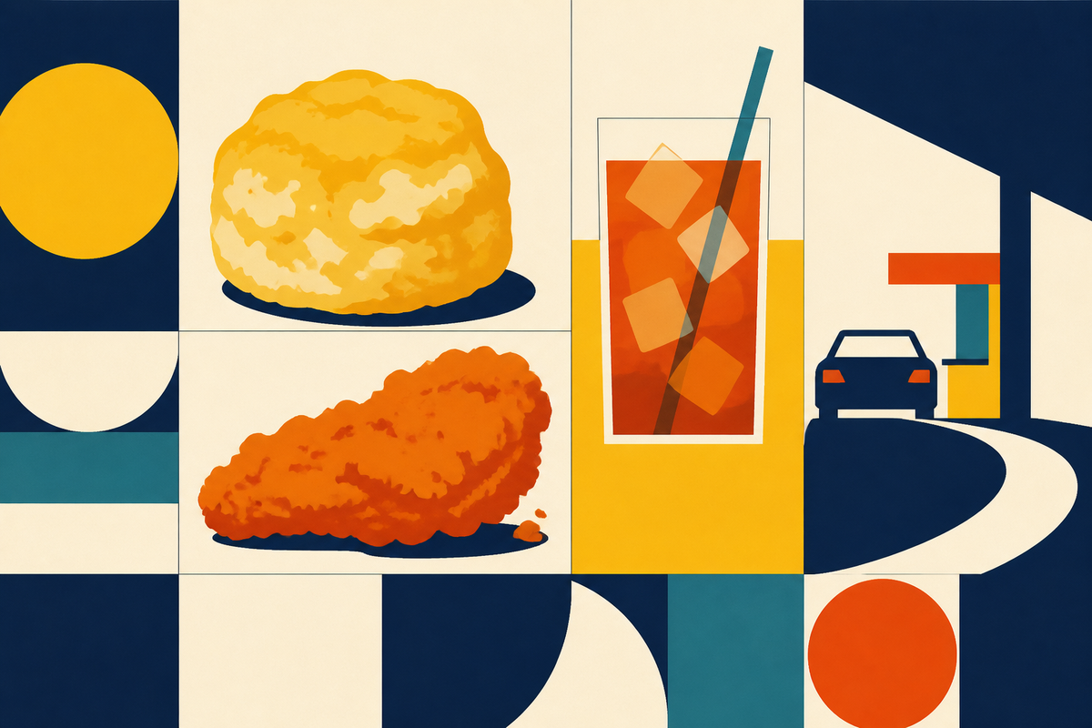 Abstract Swiss Style composition of a biscuit, fried chicken, iced tea and a drive-through lane