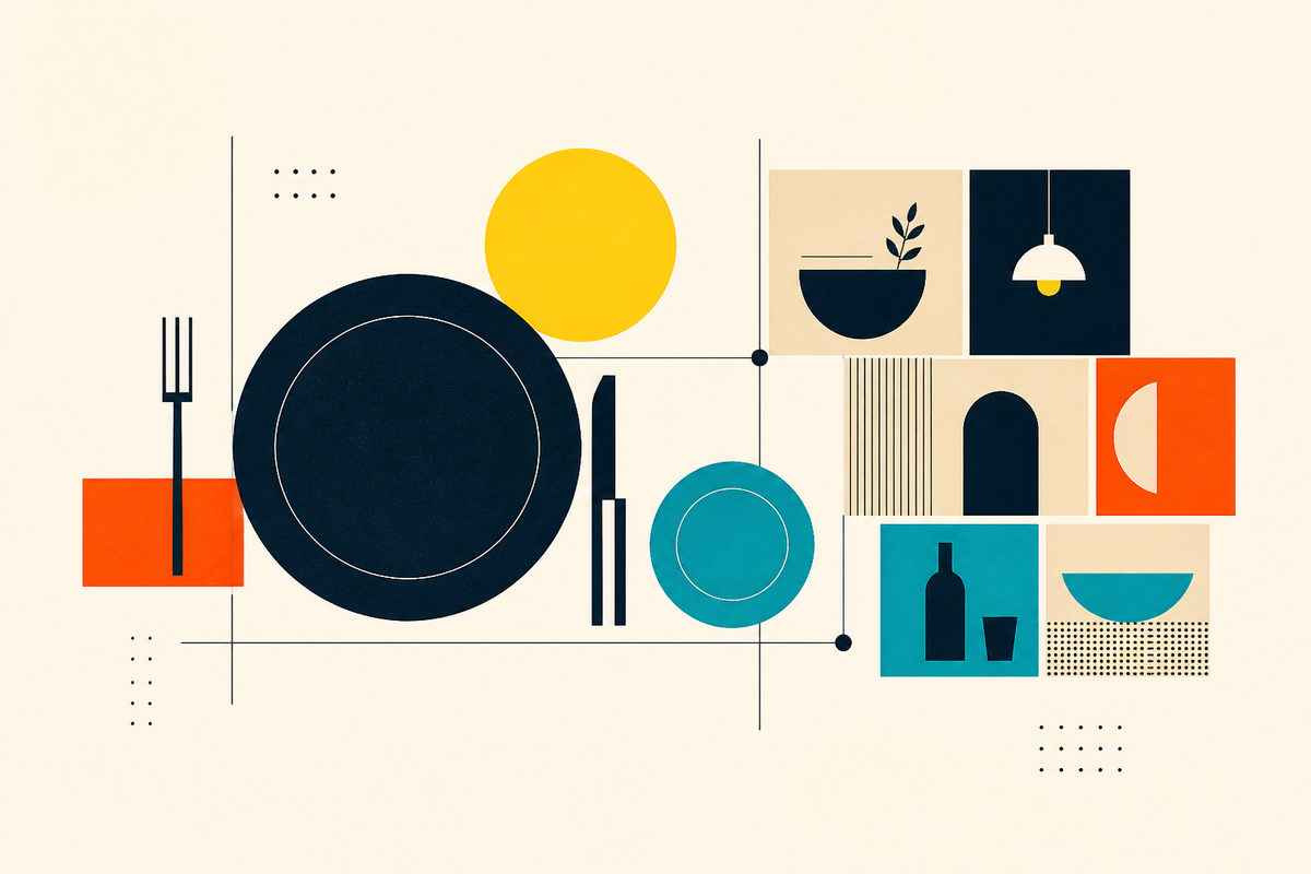 Abstract Swiss-style arrangement of plates, cutlery and modular dining spaces