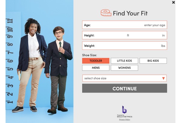 Bold Metrics sizing interface shown beside a model in French Toast clothing