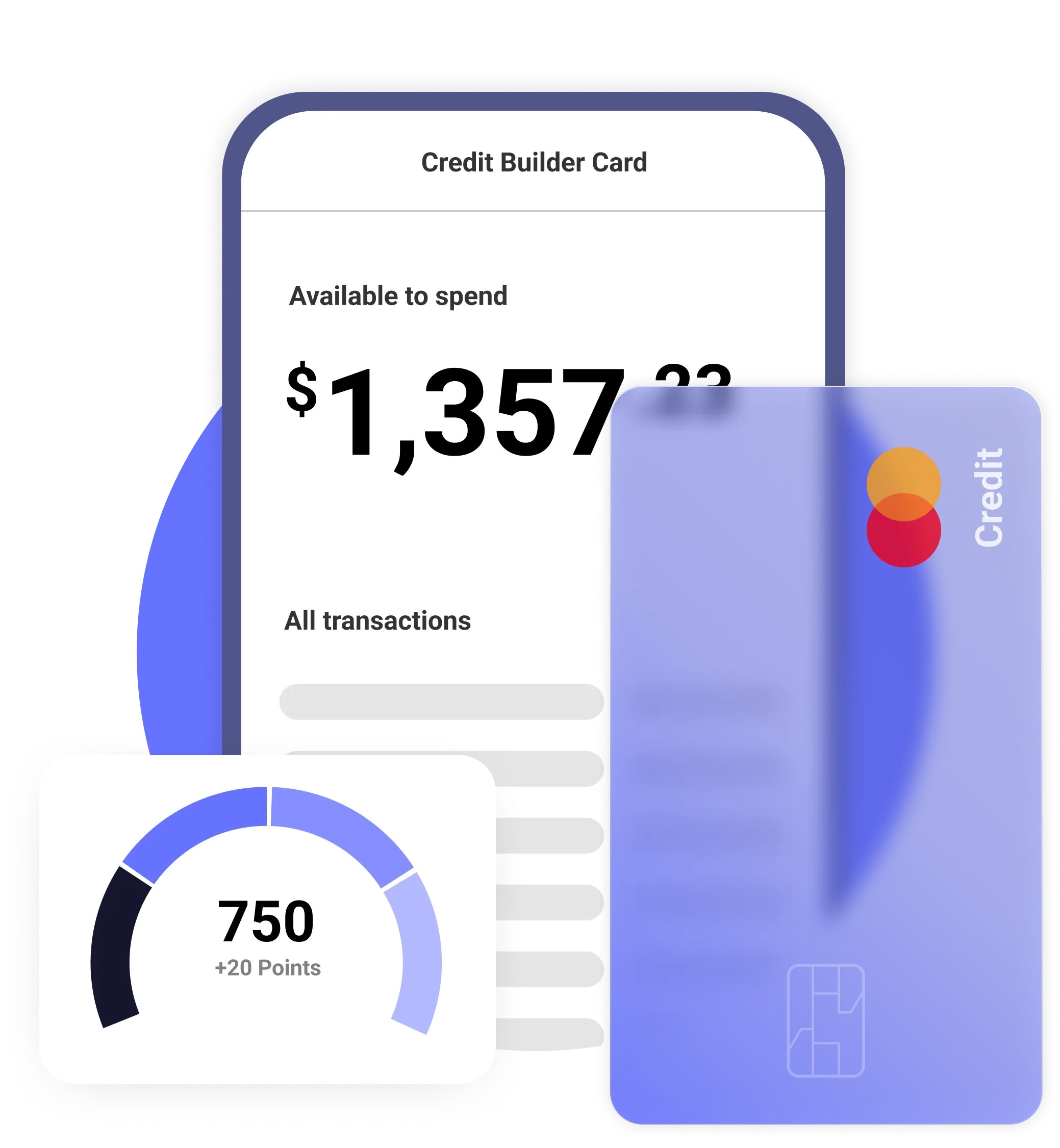 Bond Credit Builder Card interface showing an available balance, translucent blue card and credit score gauge
