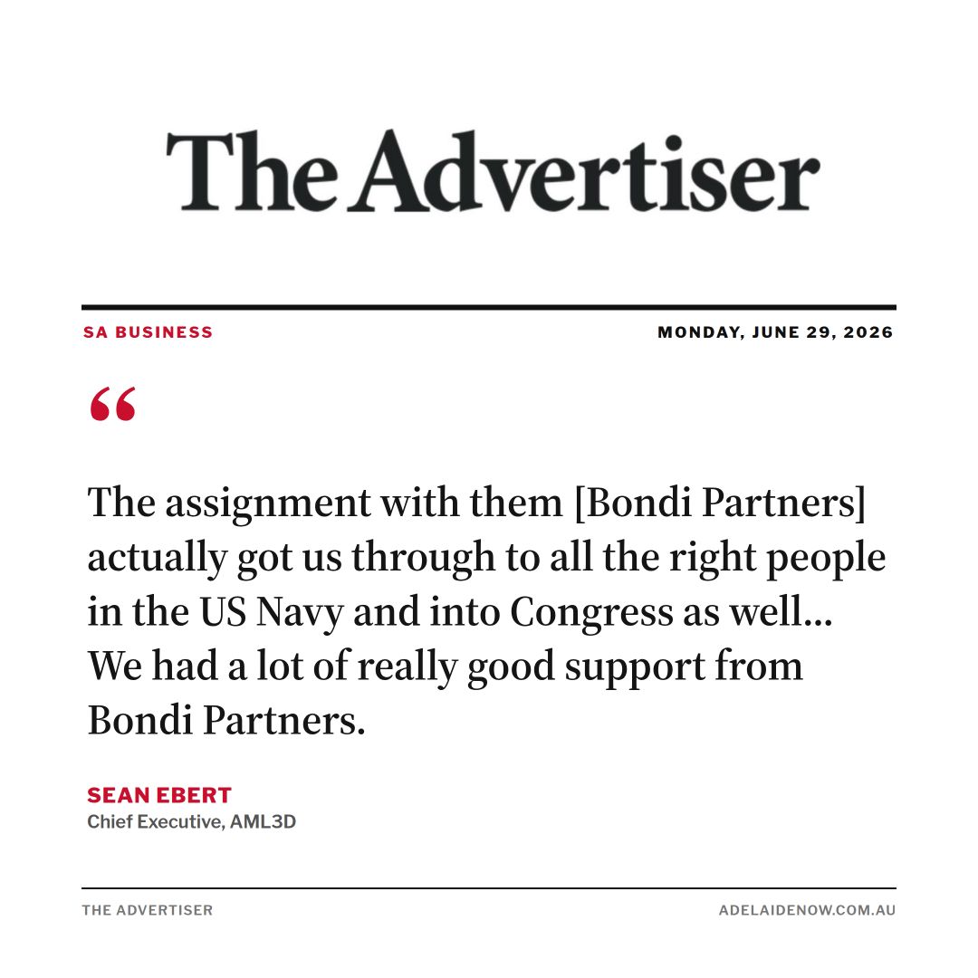 Quote card from The Advertiser featuring AML3D chief executive Sean Ebert on Bondi Partners' support