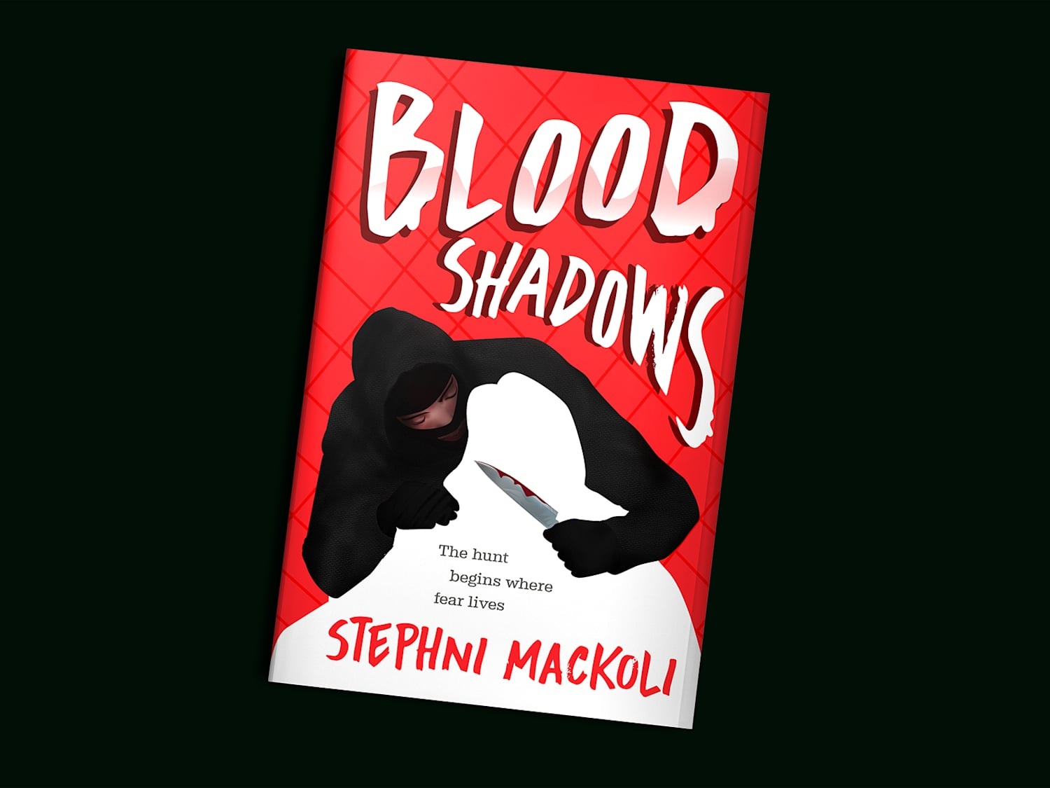 Blood Shadows portfolio cover with white title, black hooded figure and white silhouette on red