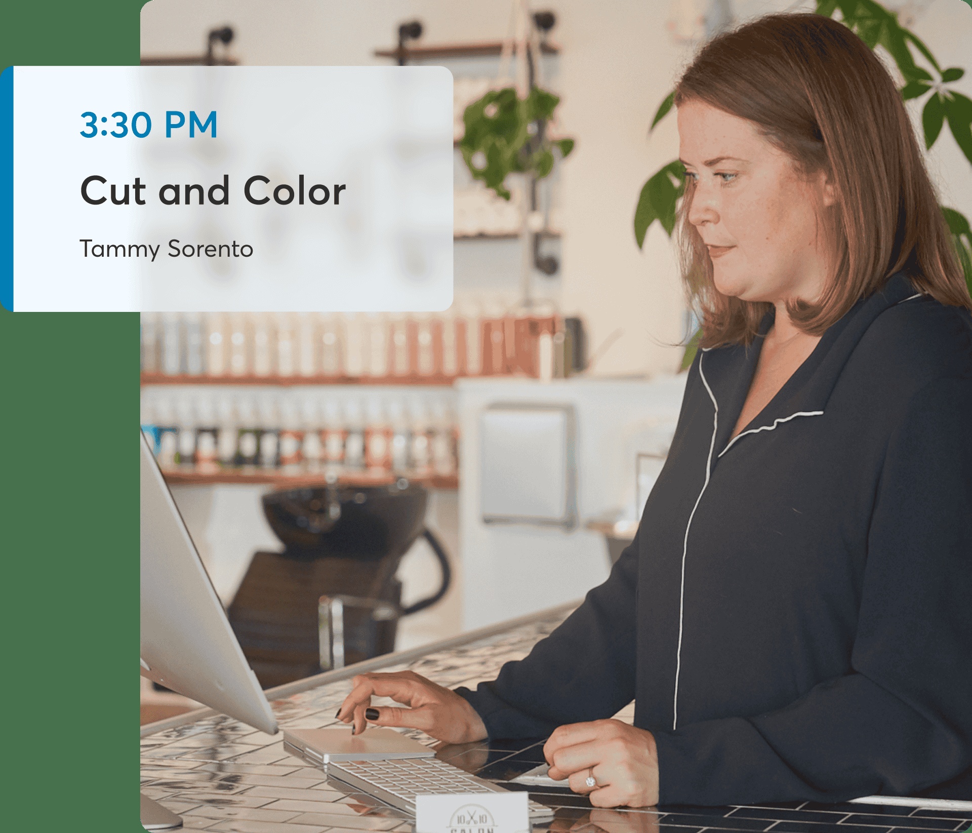 Booker promotional image showing a salon receptionist with a cut-and-color appointment overlay