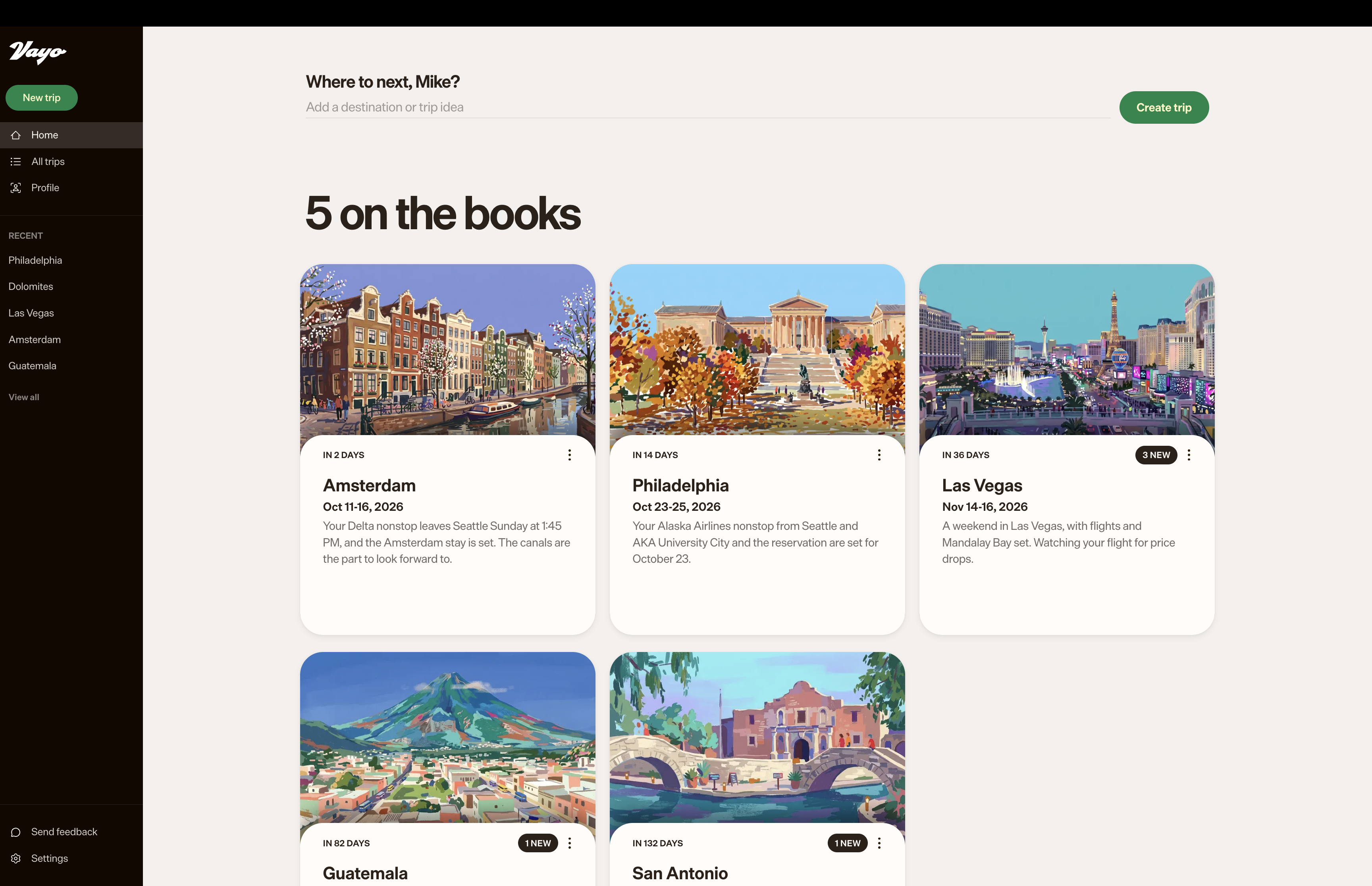 Vayo desktop interface displaying upcoming trips assembled into one workspace