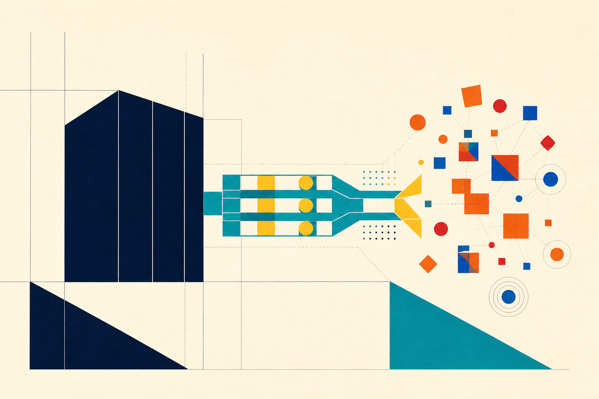 Abstract geometric illustration of a large organization connected to a network of smaller experimental ideas