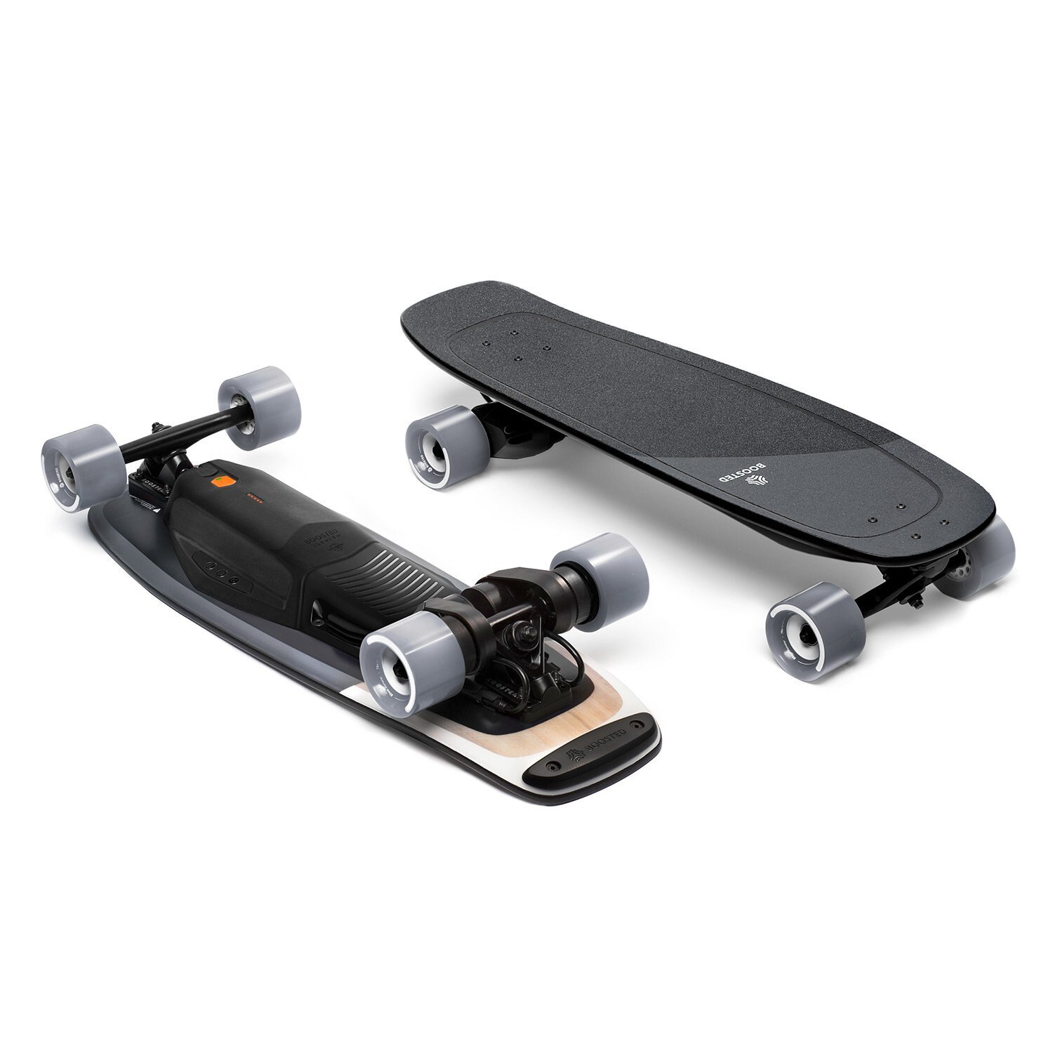 Boosted Mini electric shortboard shown from above and below