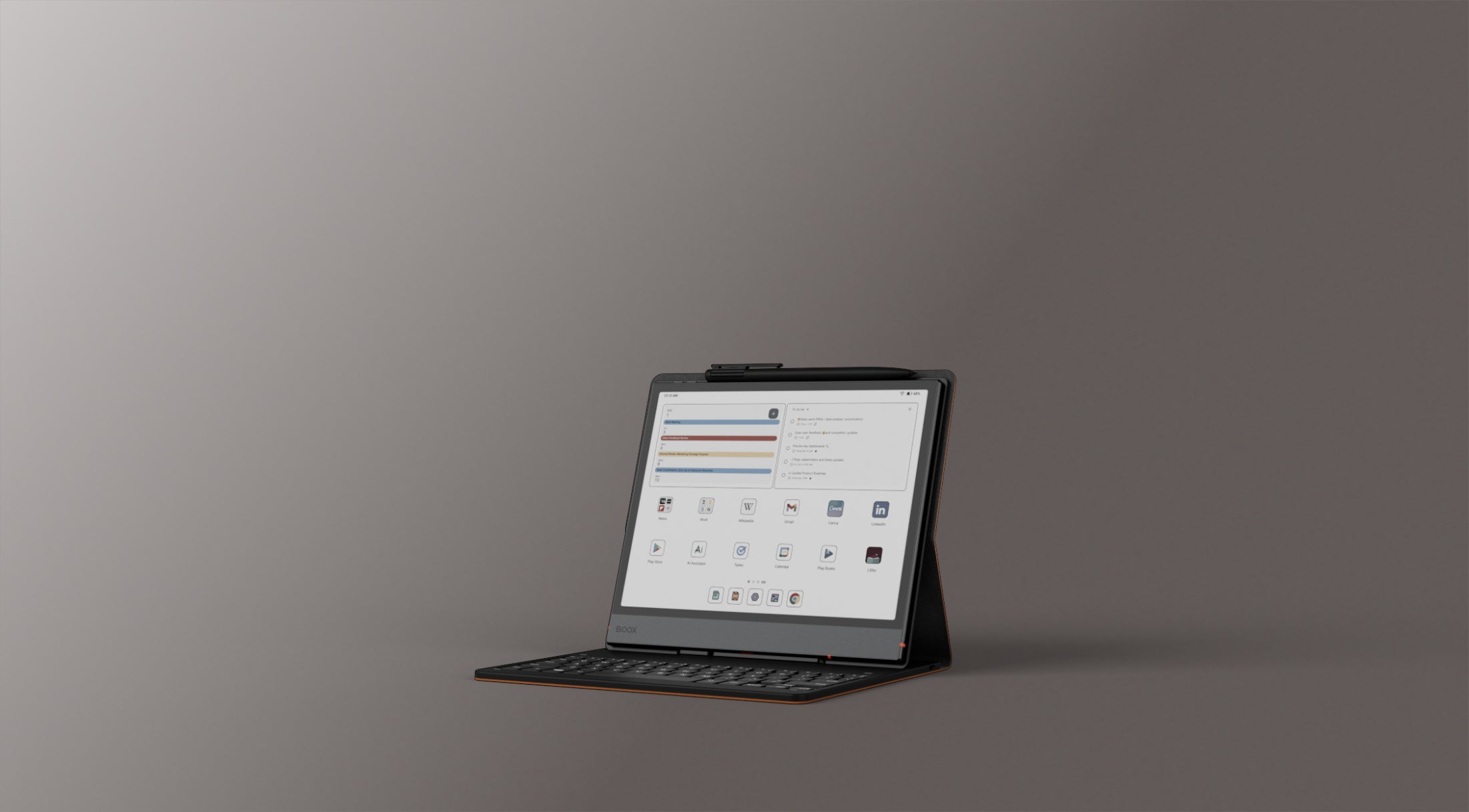 BOOX Go 10.3 Gen II Lumi propped in a keyboard folio showing its Android app launcher