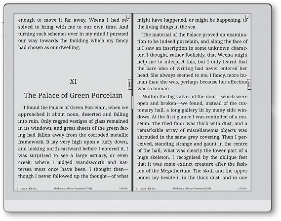Two-page book layout on the Go 10.3 showing a chapter of The Time Machine in crisp black ink