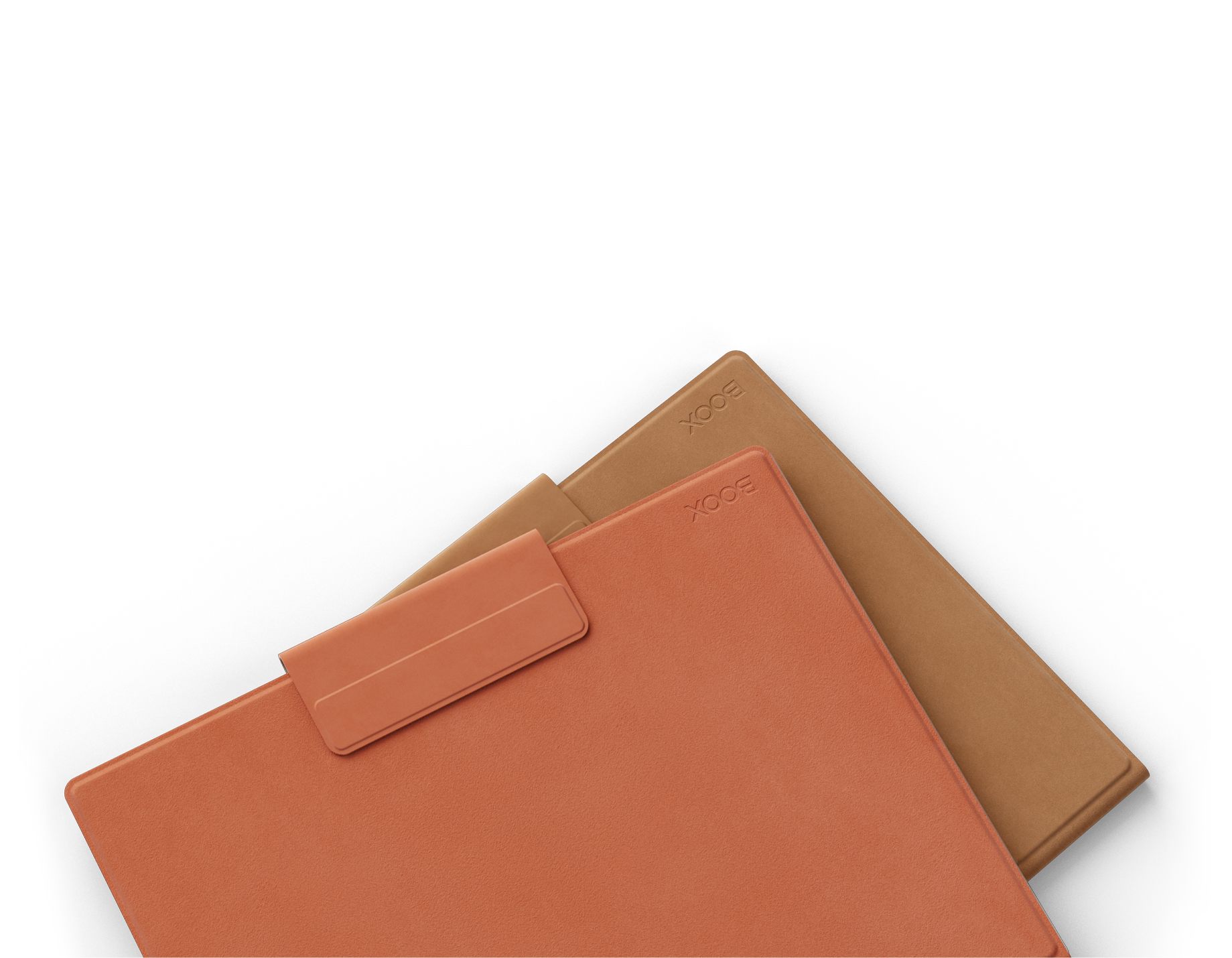 Two BOOX Go 10.3 Gen II folio cases in orange and tan, overlapping on a dark background