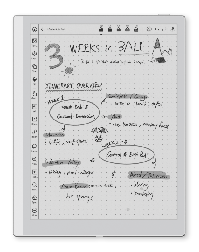 The BOOX Go 10.3 Gen II screen filled with handwritten travel-planning notes titled Three Weeks in Bali