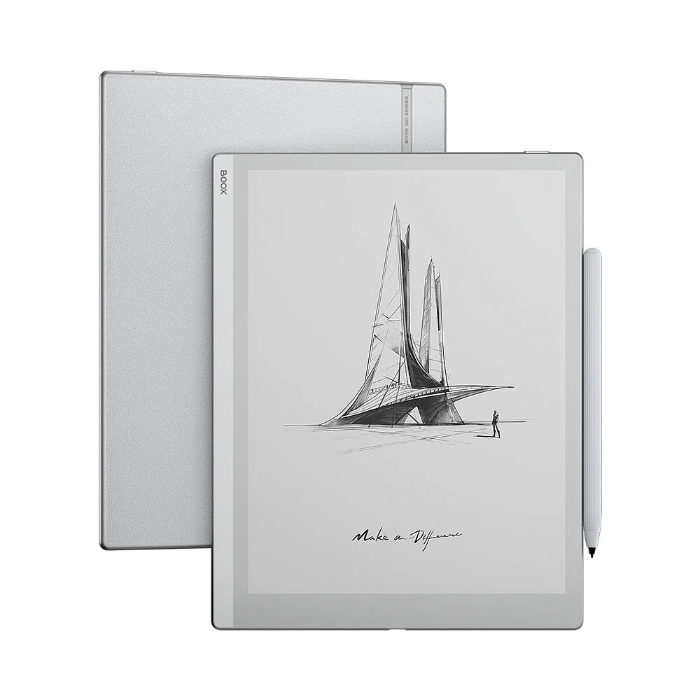 Front and rear views of the white BOOX Go 10.3 with its stylus