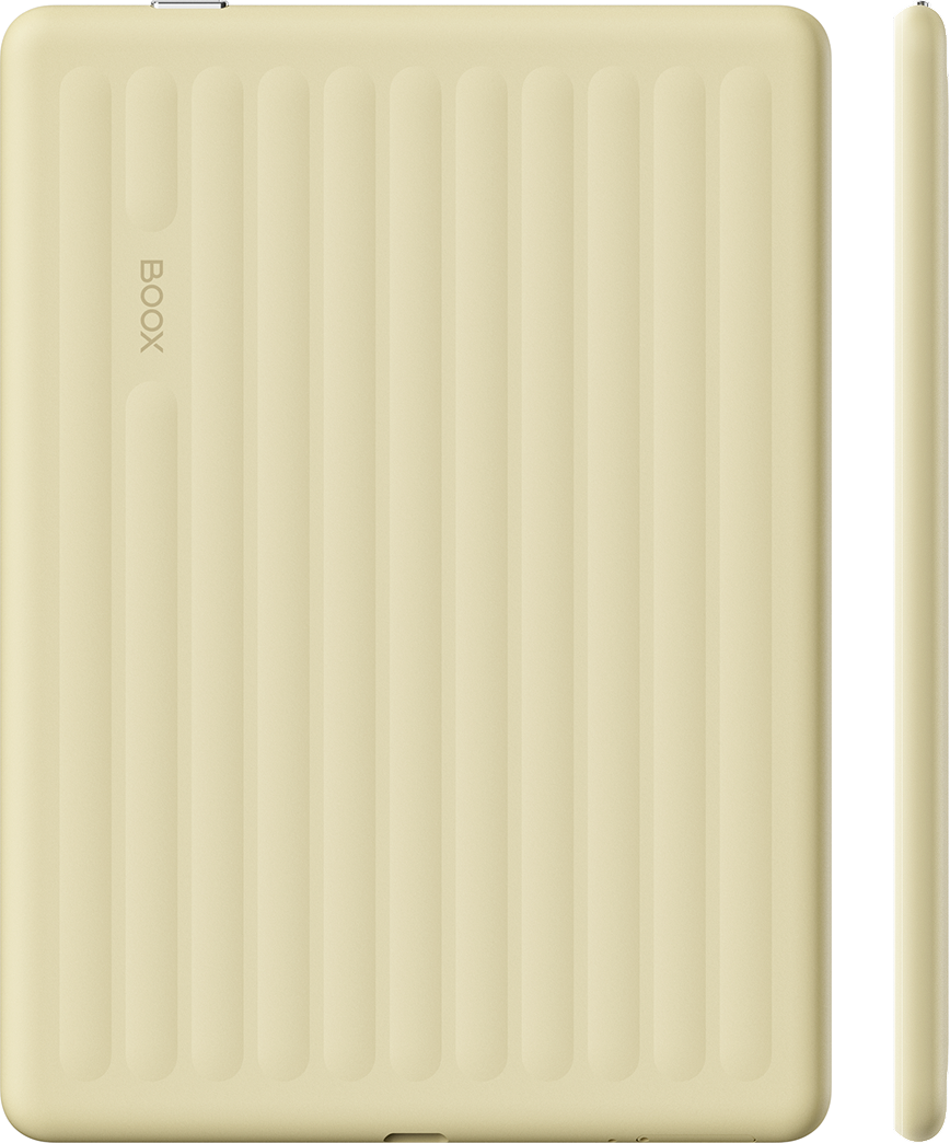 Back and side profile of the Custard-colored BOOX Go 6 Gen II showing its ribbed textured rear and slim edge next to the stylus
