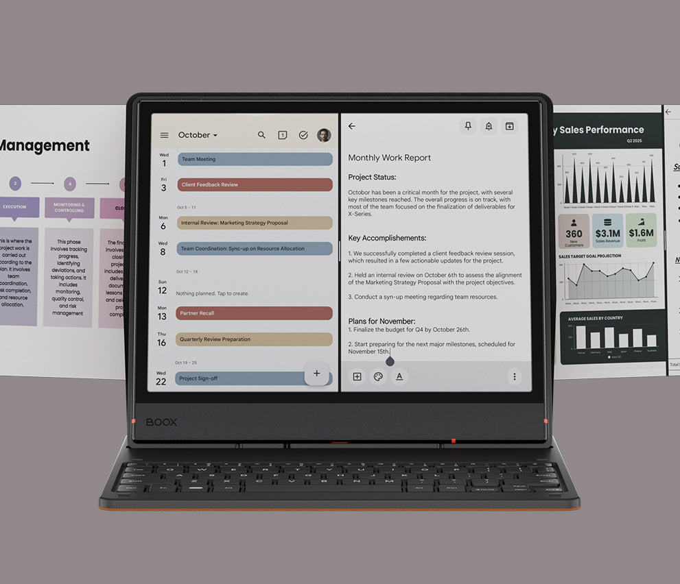 BOOX Note Air5 C attached to its optional keyboard cover with a calendar and report open in split screen