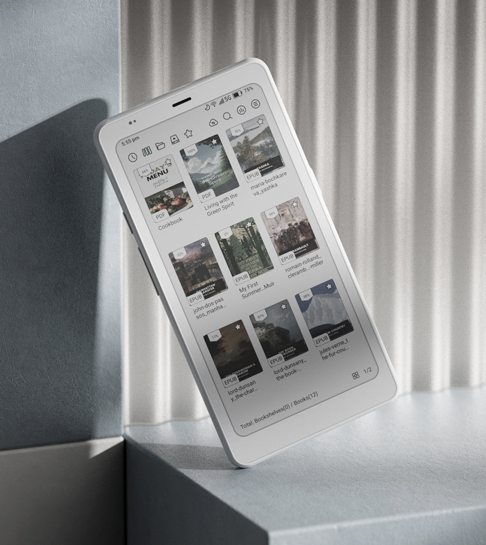 White BOOX Palma 2 Pro showing a grid of ebooks on its color E Ink screen
