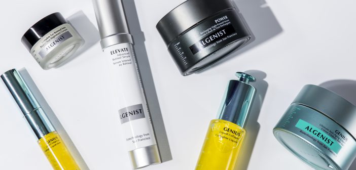 Algenist skincare products photographed on a pale background