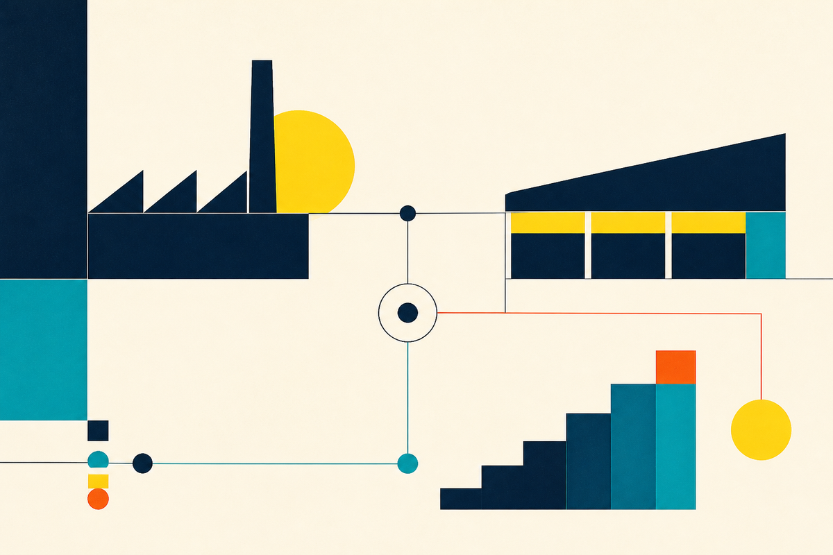 Abstract Swiss-style illustration connecting factories, warehouses, capital and growth