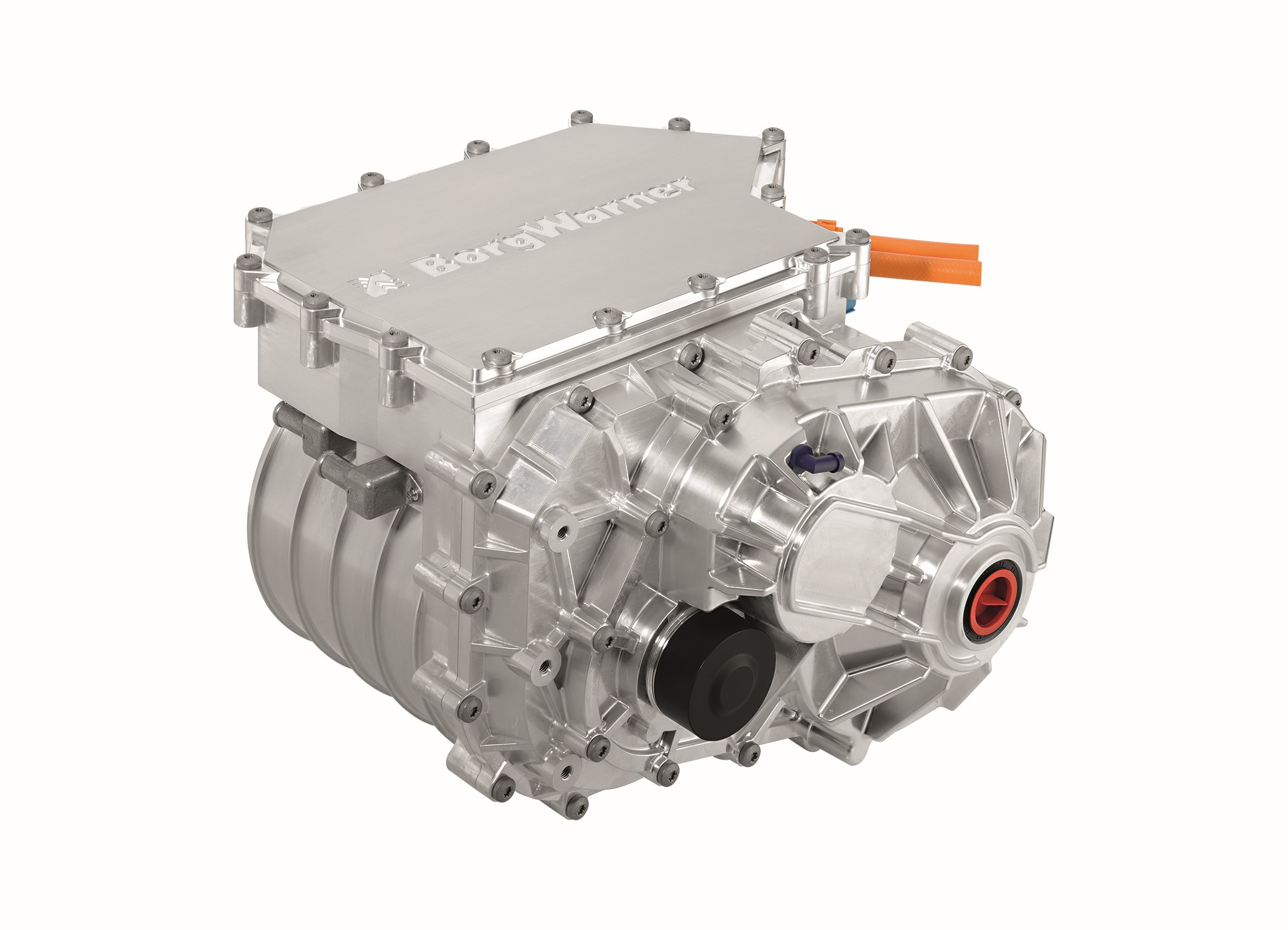 BorgWarner integrated drive module, with silver housing and orange high-voltage connections