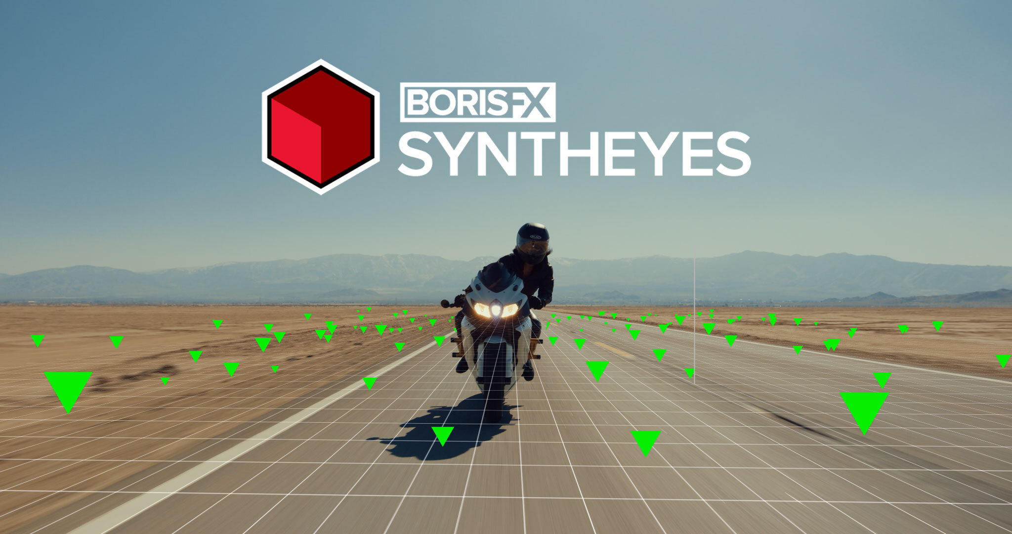SynthEyes camera-tracking points overlay a motorcycle shot on a desert road
