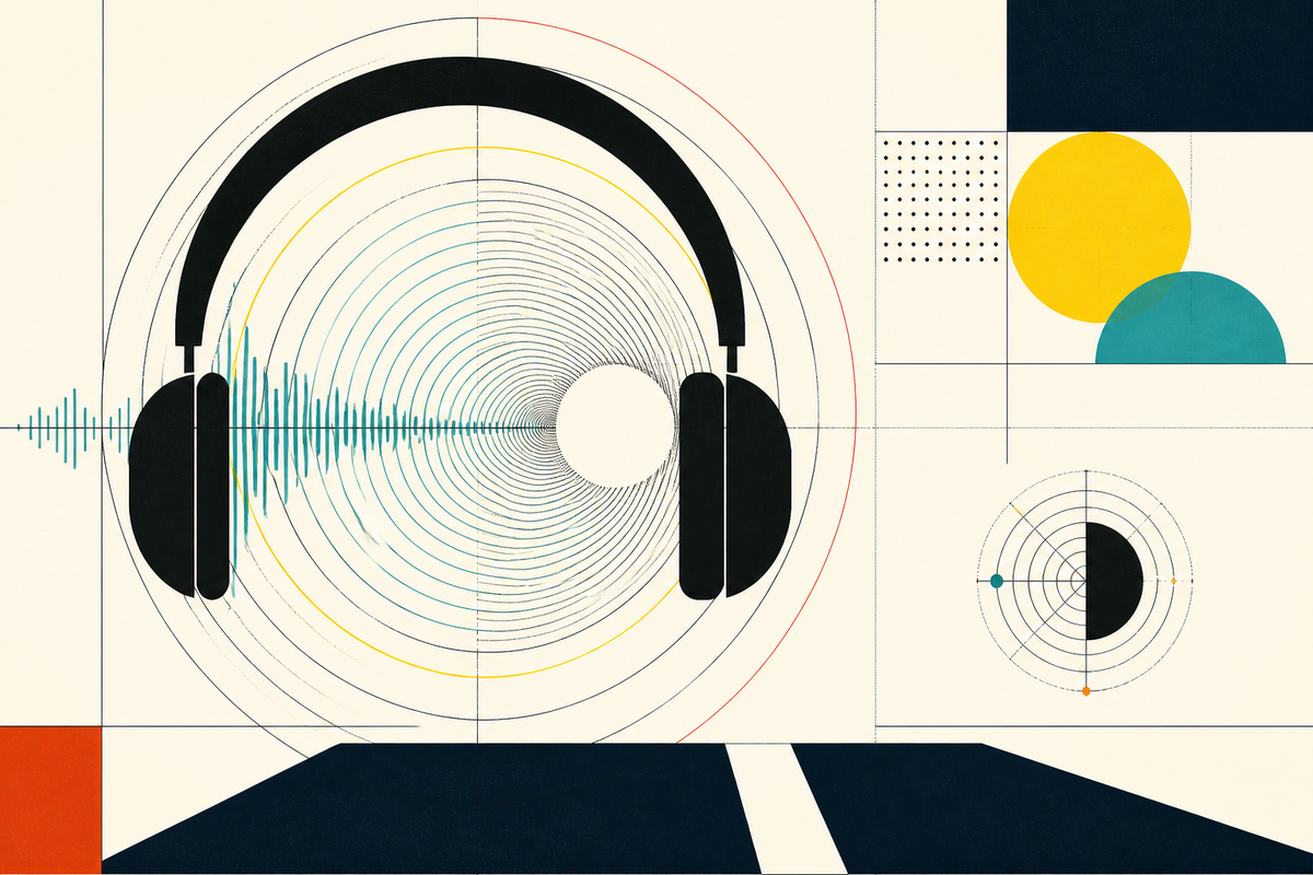 Abstract Swiss-style composition of headphones, sound waves and geometric acoustic fields