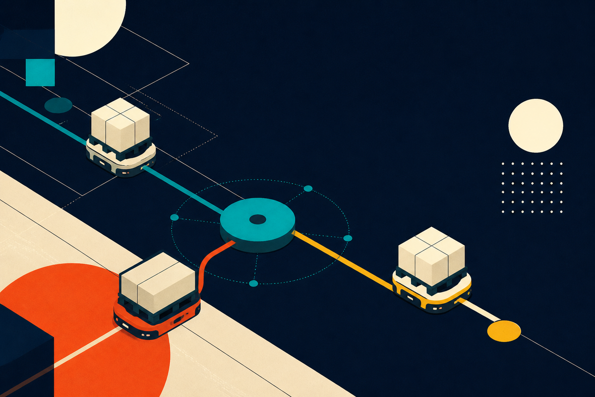 Abstract Swiss-style illustration of three autonomous mobile robots connected to a central orchestration point