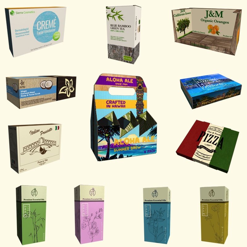 Official BOXITNOW examples of rendered cartons, a six-pack carrier, produce packaging, and a pizza box