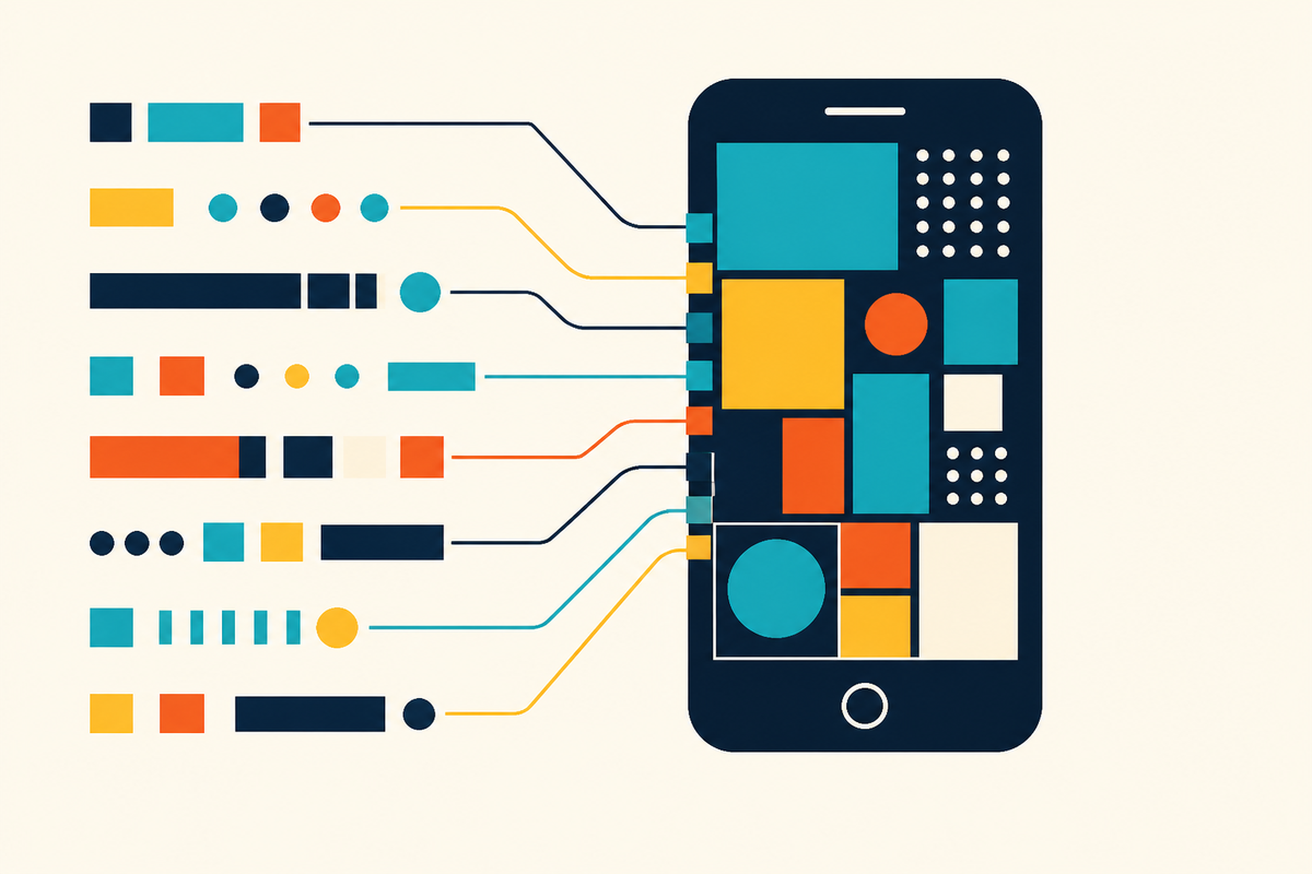 Abstract geometric modules flowing into a mobile application frame
