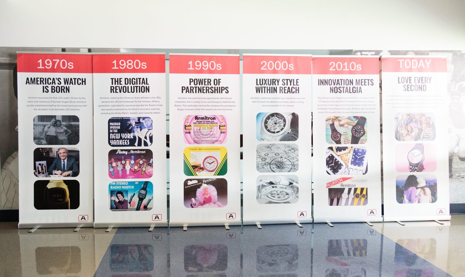 Armitron brand-history display spanning the 1970s through today