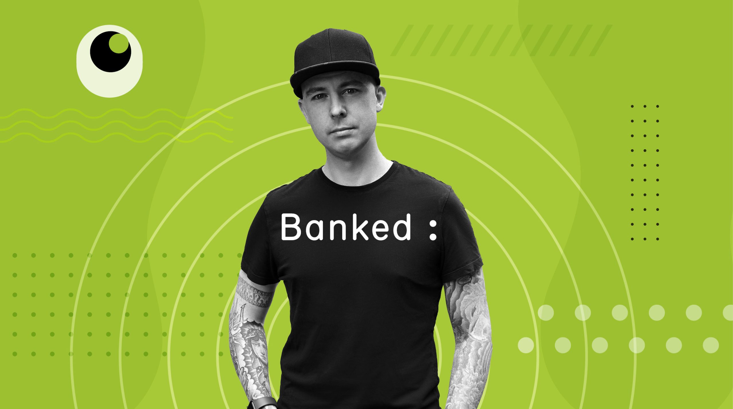 Brad Goodall in a Banked editorial portrait against a bright green graphic background