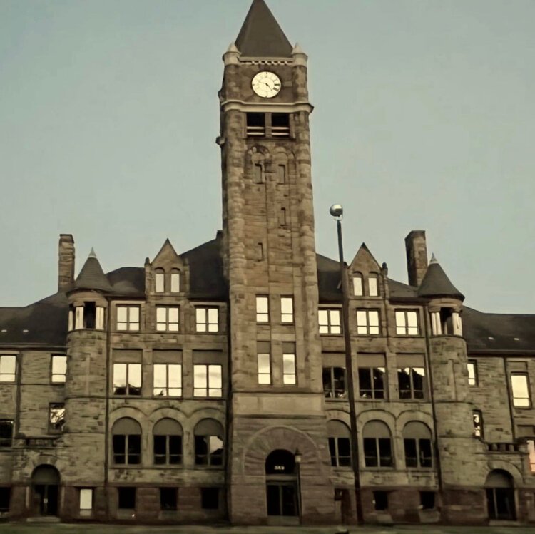 The historic Hackley Administration Building in Muskegon, with its clock tower
