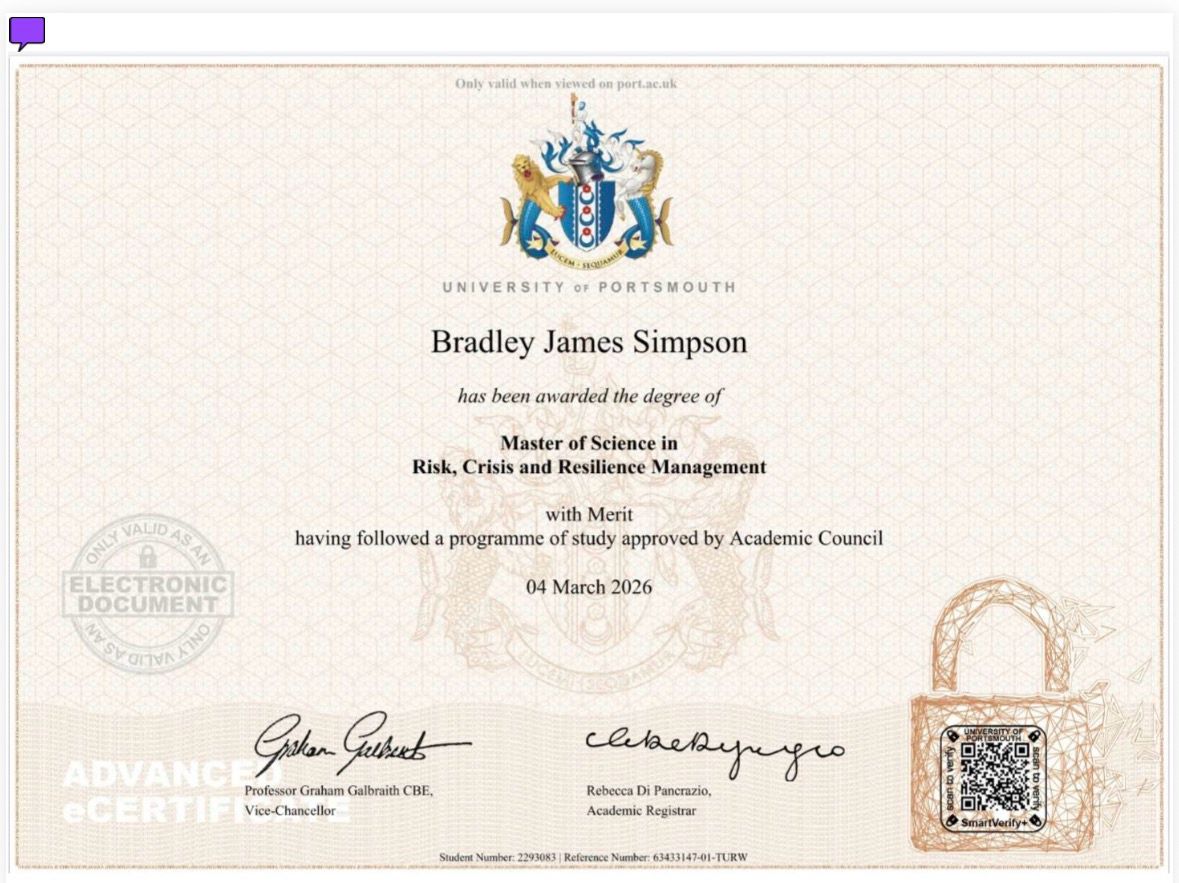 University of Portsmouth MSc certificate shared publicly by Bradley James Simpson