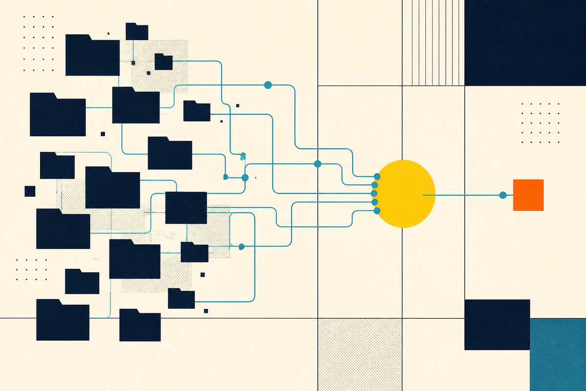 Abstract Swiss-style network of navy case files flowing through teal paths toward a yellow decision point and orange resolution marker