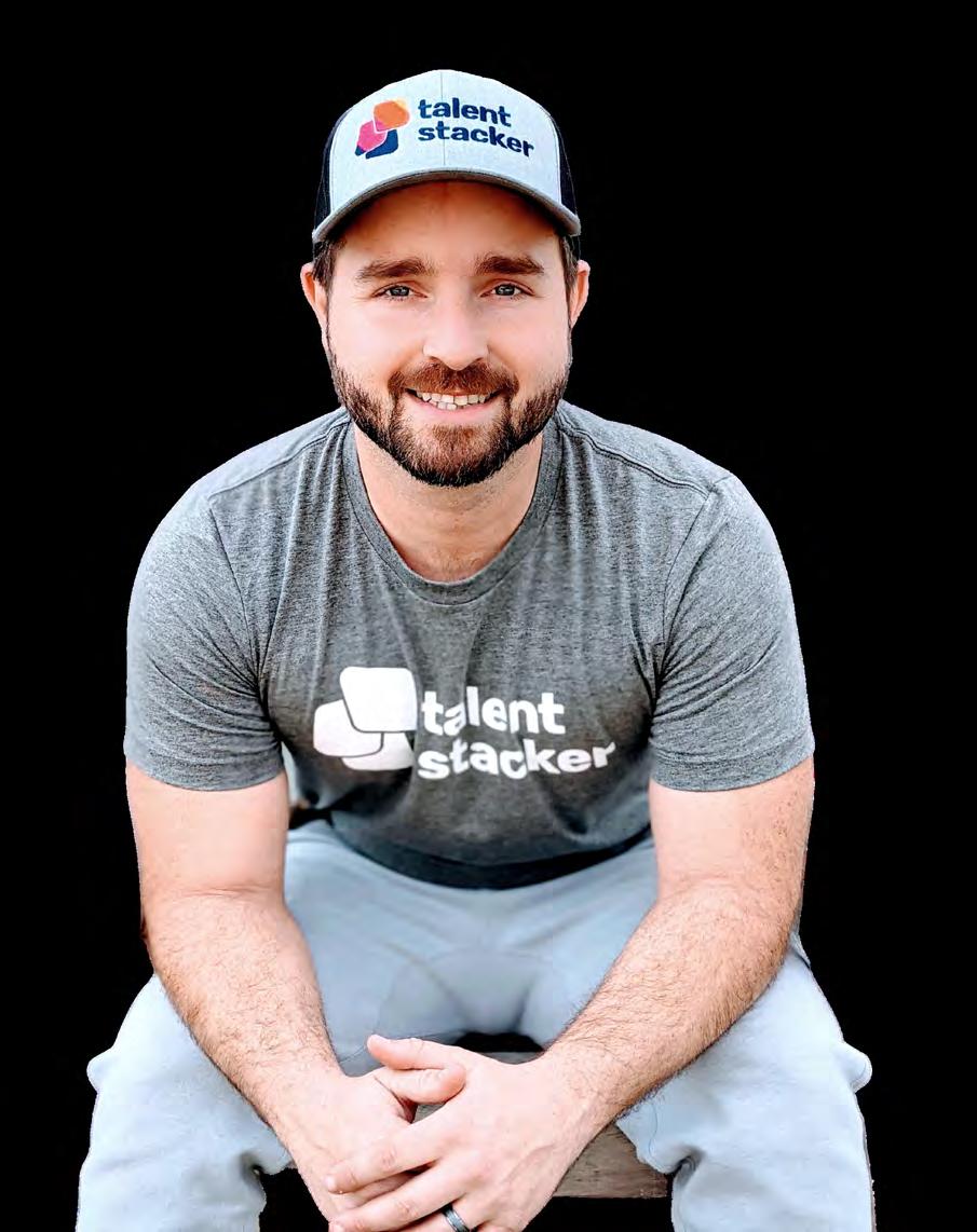 Bradley Rice seated, wearing a Talent Stacker cap and T-shirt