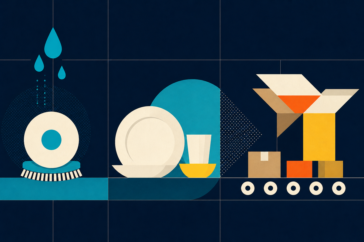Abstract Swiss-style illustration linking cleaning, foodservice and packaging operations