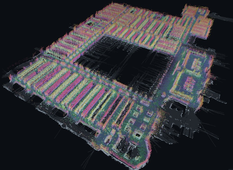 Colored three-dimensional point cloud showing the geometry of indoor aisles