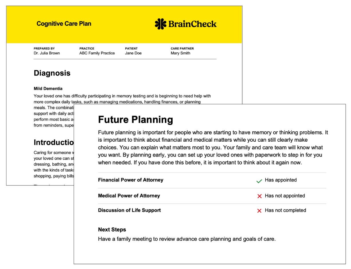 BrainCheck’s sample care-plan report, showing patient and care-partner fields and future-planning prompts
